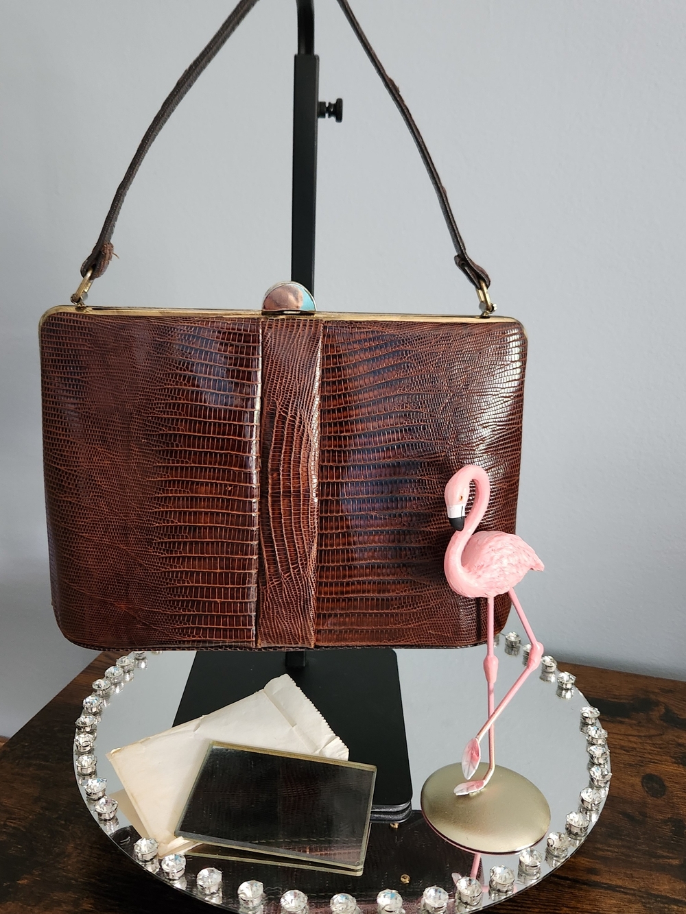 Vintage 1950s Brown Rare Lizard-Embossed Leather Top-Handle Bag. EUC